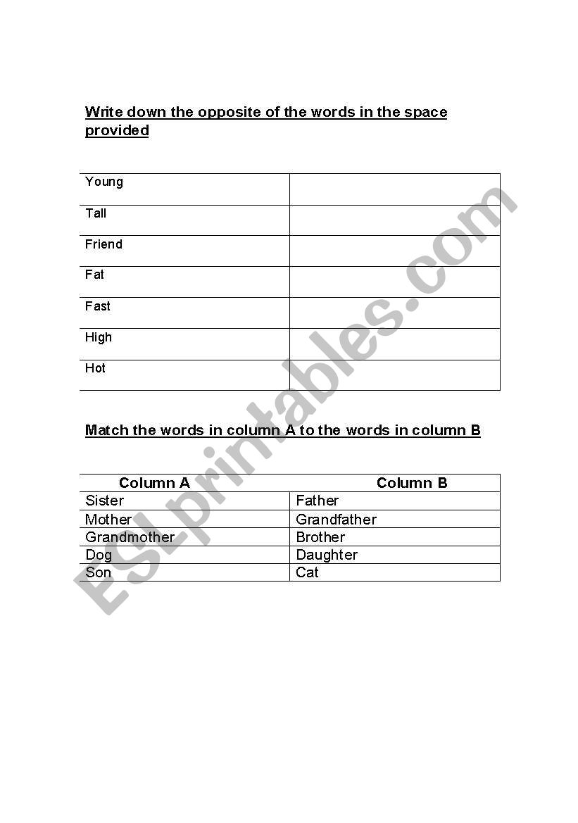 Opposites and  Match the word worksheet