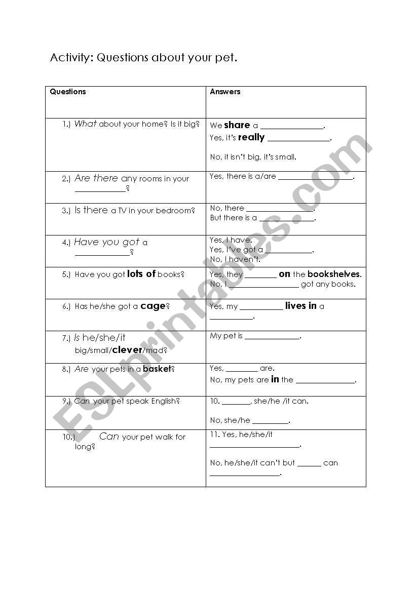 Questions about pets worksheet