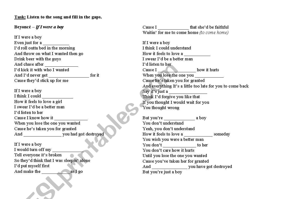 English Worksheets: Beyoncé If I Were A Boy Conditional Sentences Ii