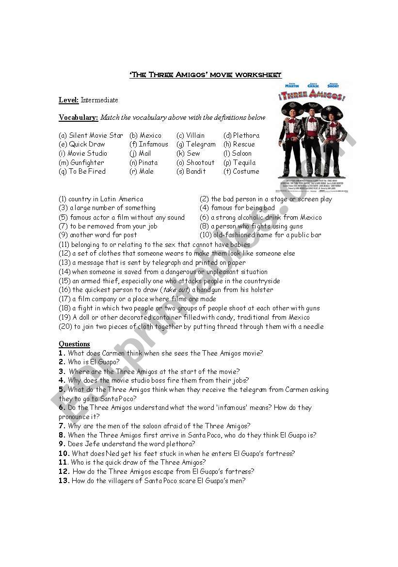 Three Amigos Movie Worksheet worksheet