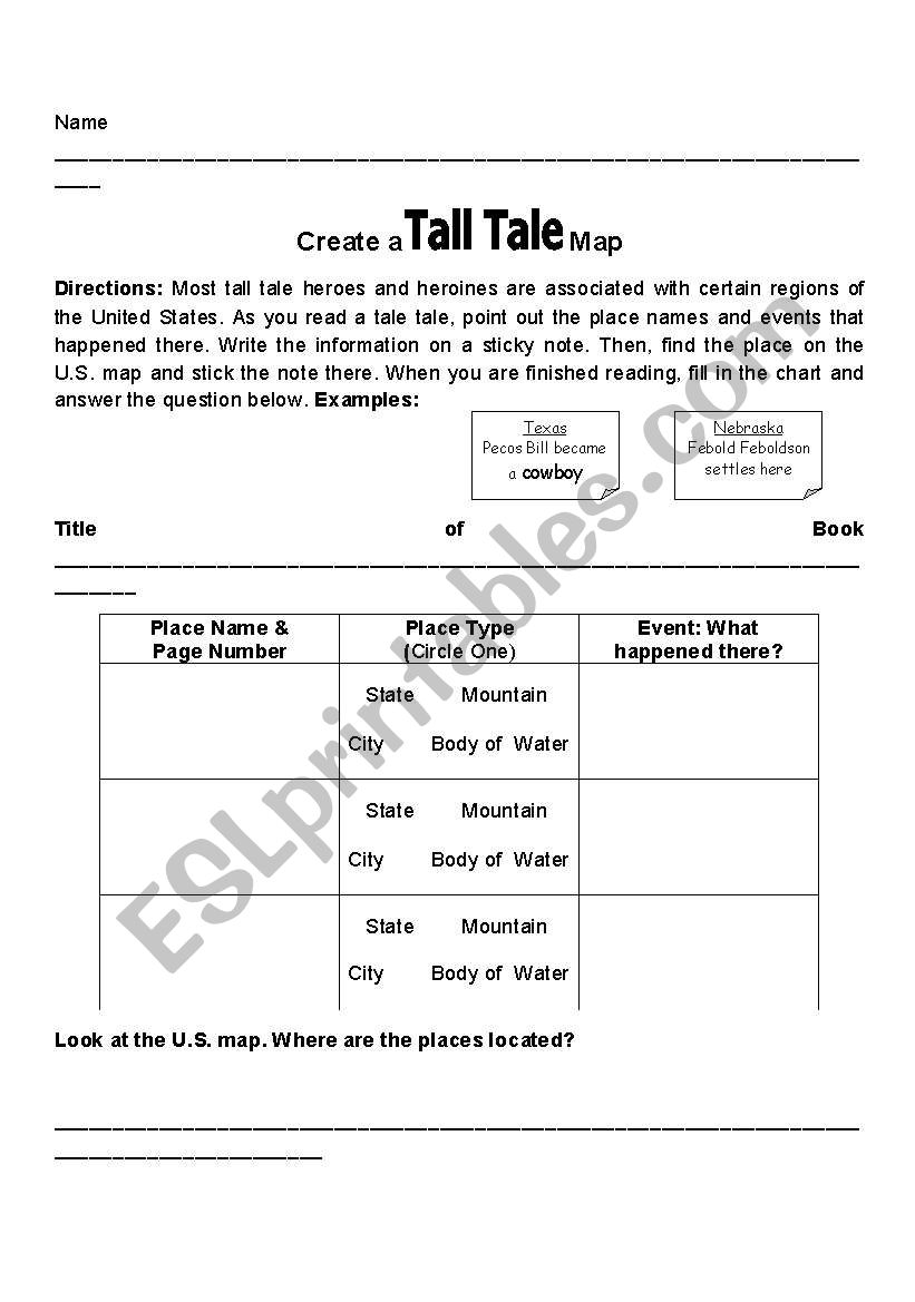 Tall Tale Map worksheet