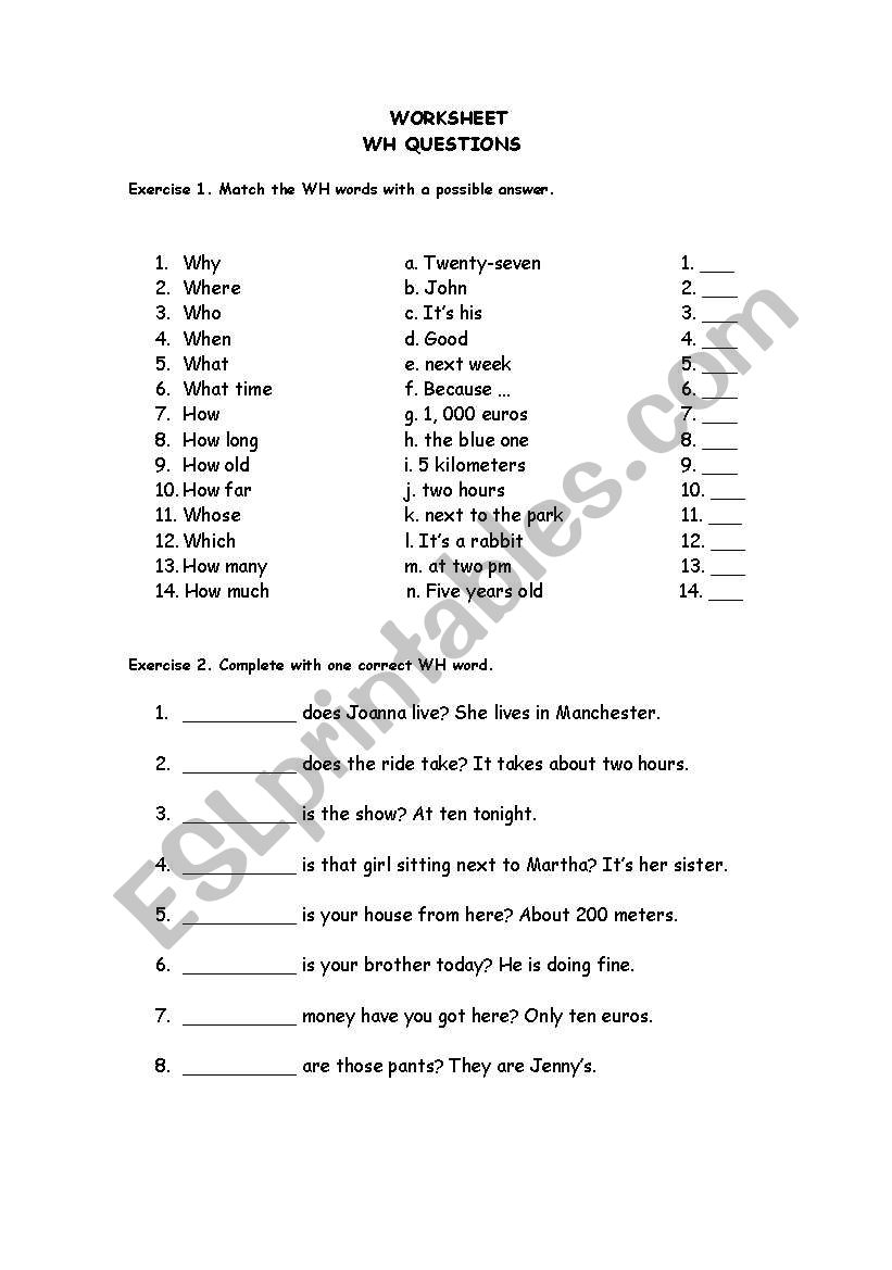 ESL Wh pronouns review worksheet