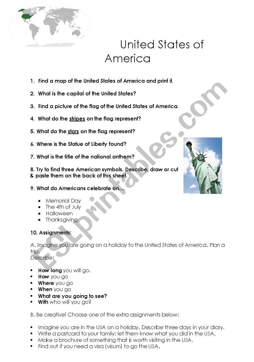 United States of America worksheet