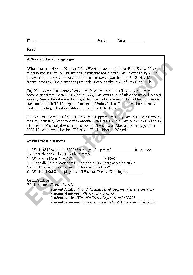 Salma Hayek story worksheet