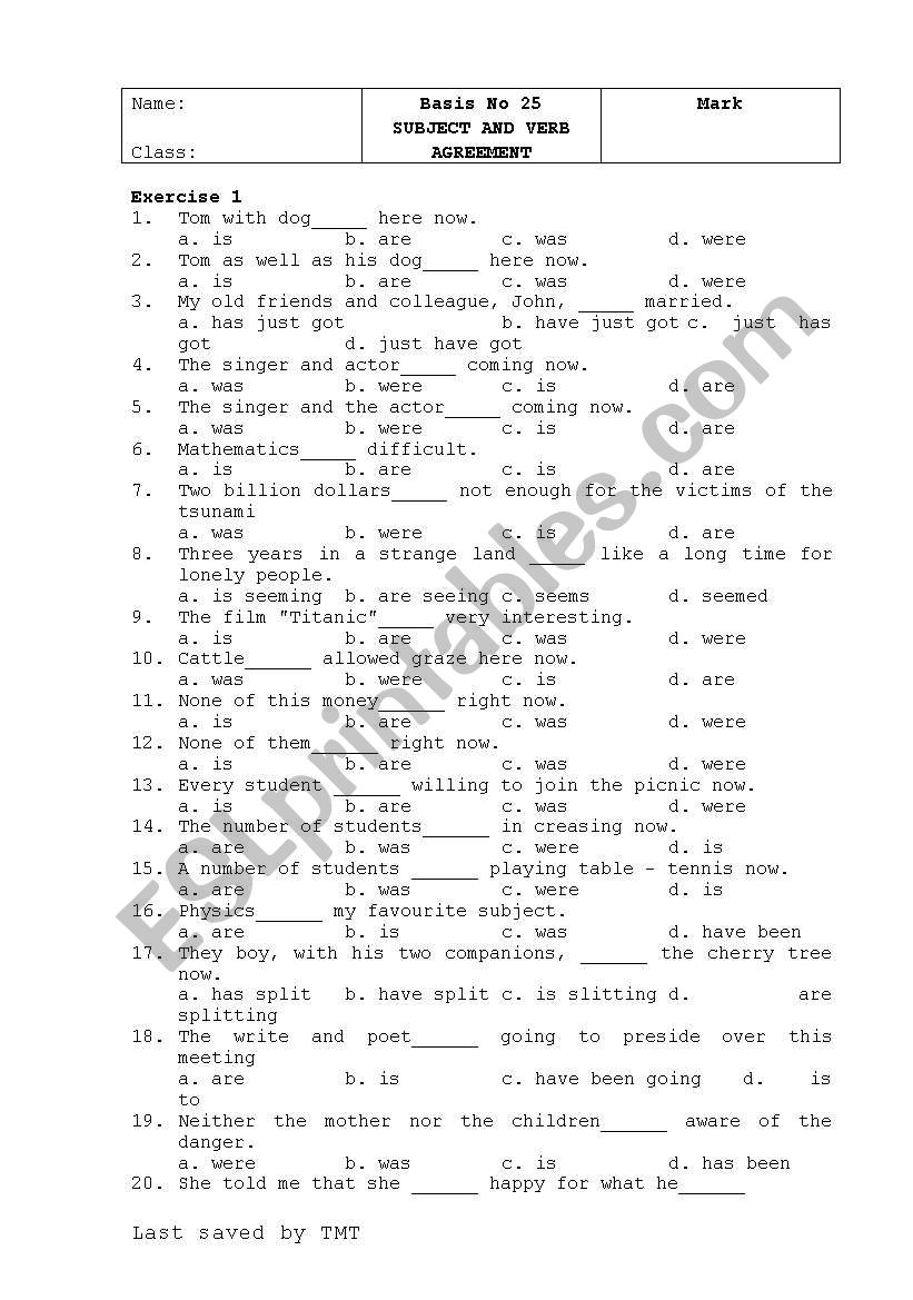 SUBJECT AND VERB AGREEMENT MCQ ESL Worksheet By Triet612