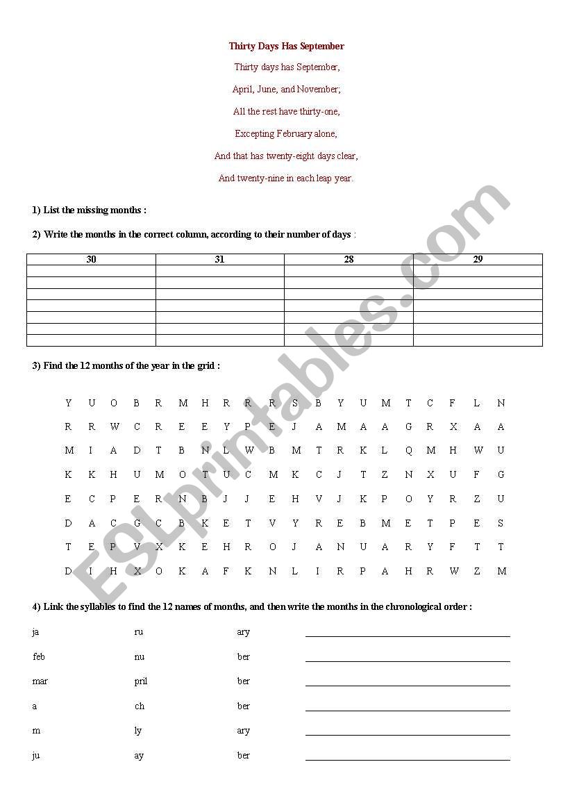 months, seasons, festivals worksheet