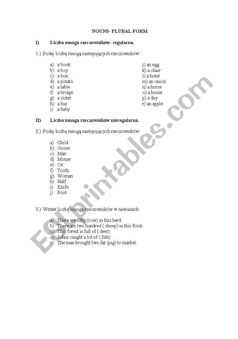 Nouns- plural form worksheet