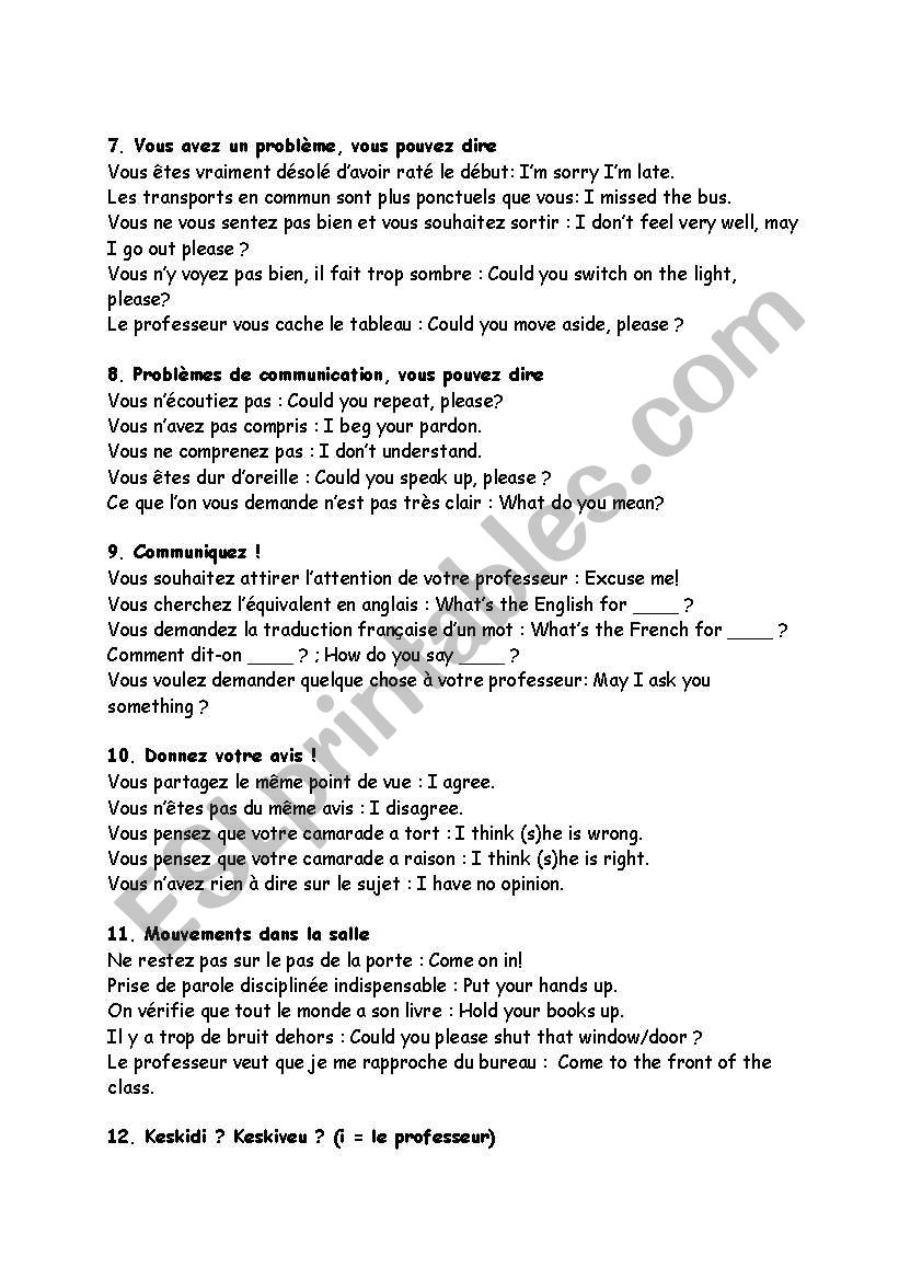 English Worksheets Classroom English