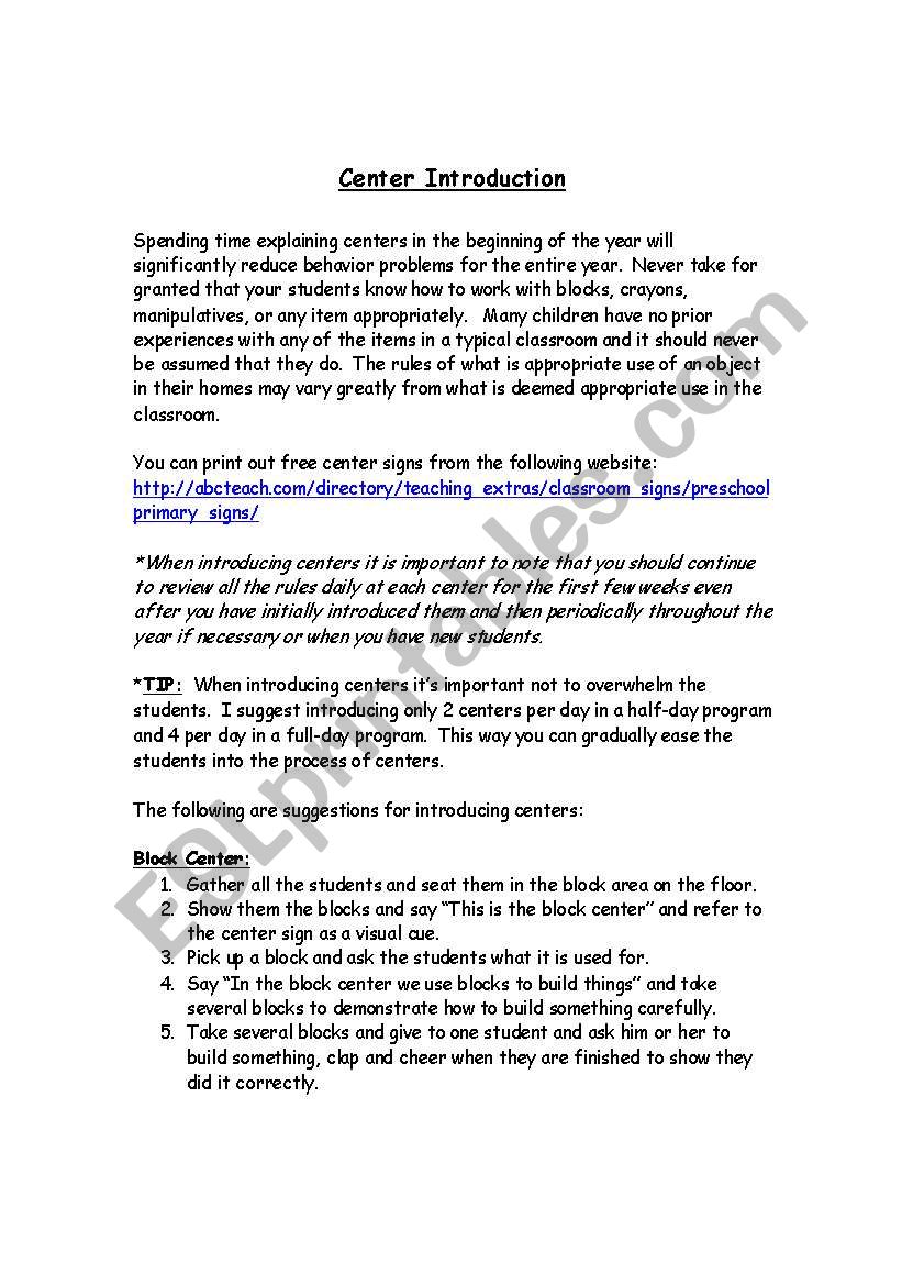 Introduction to Centers worksheet