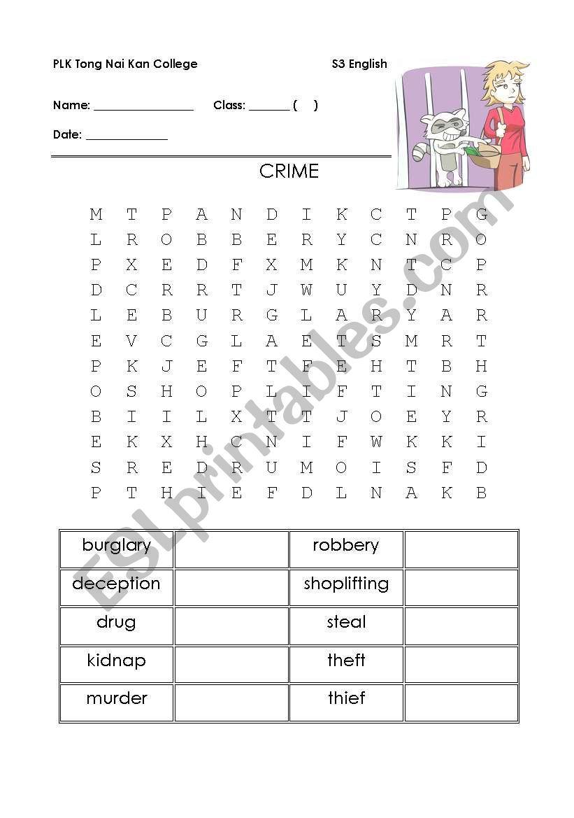 Crime word search worksheet