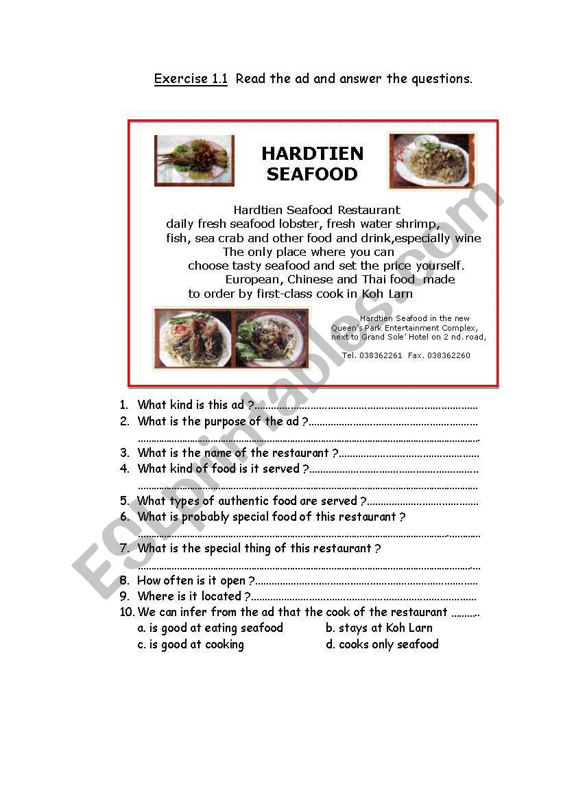 Food Ad worksheet