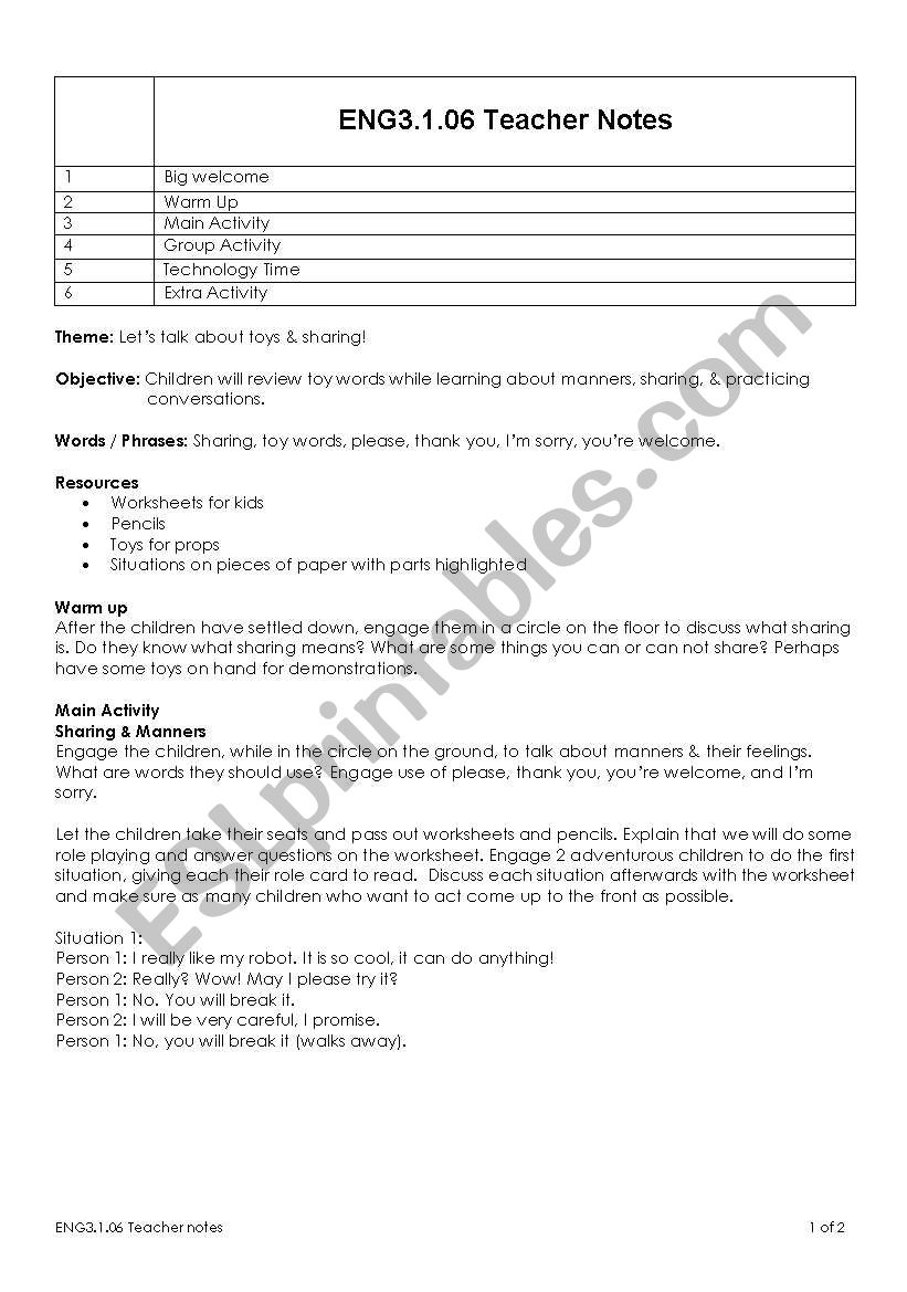 toys & sharing worksheet