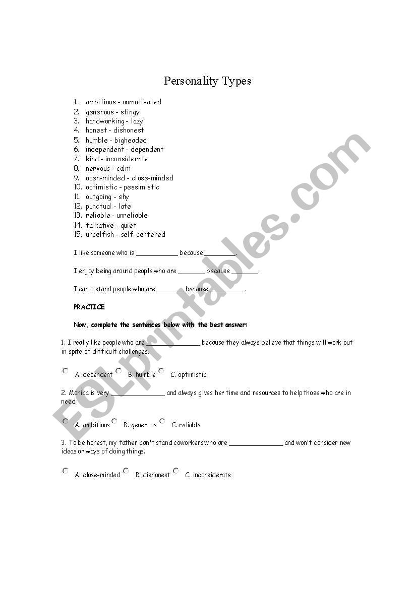 personality types worksheet