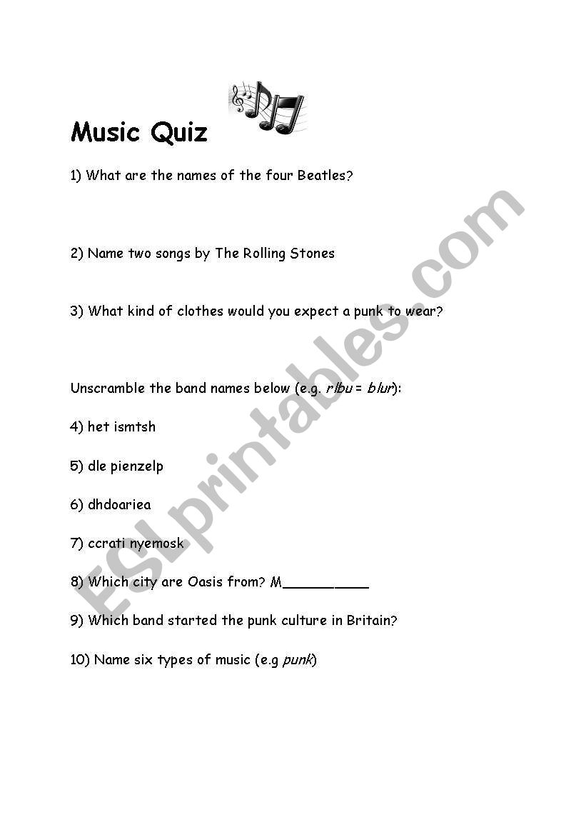 Music quiz worksheet