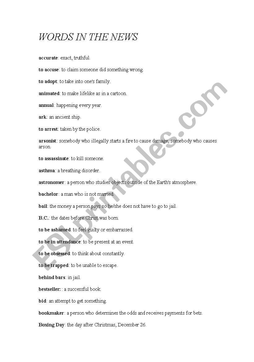 words in news worksheet