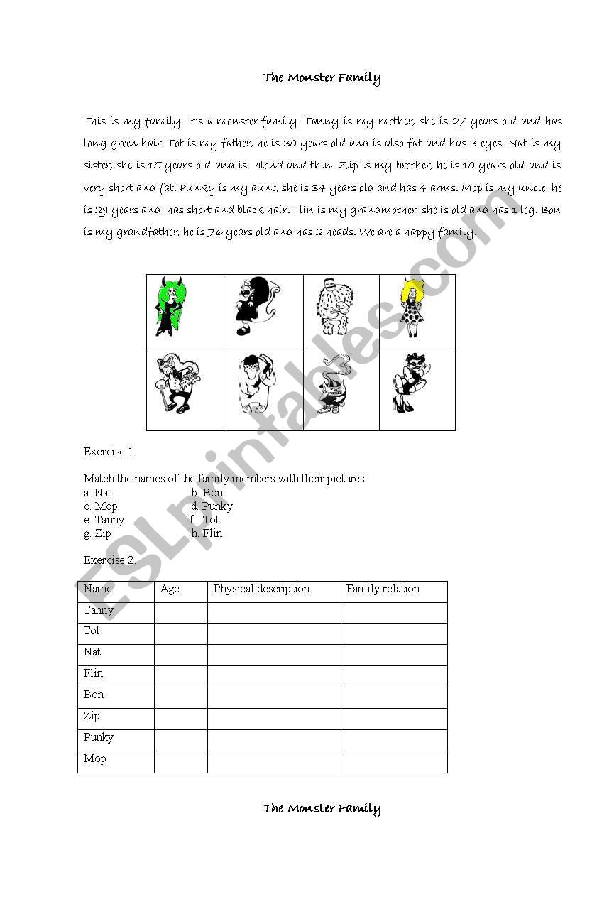 the monster family worksheet