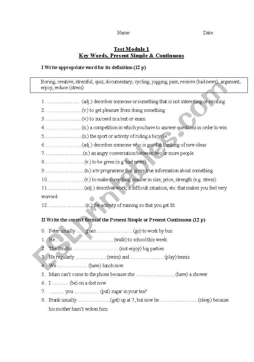 Test on Present Simple and Present Continuous