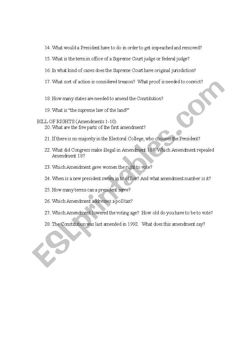 English worksheets: U,S, Constitution Scavenger Hunt Inside Constitution Scavenger Hunt Worksheet