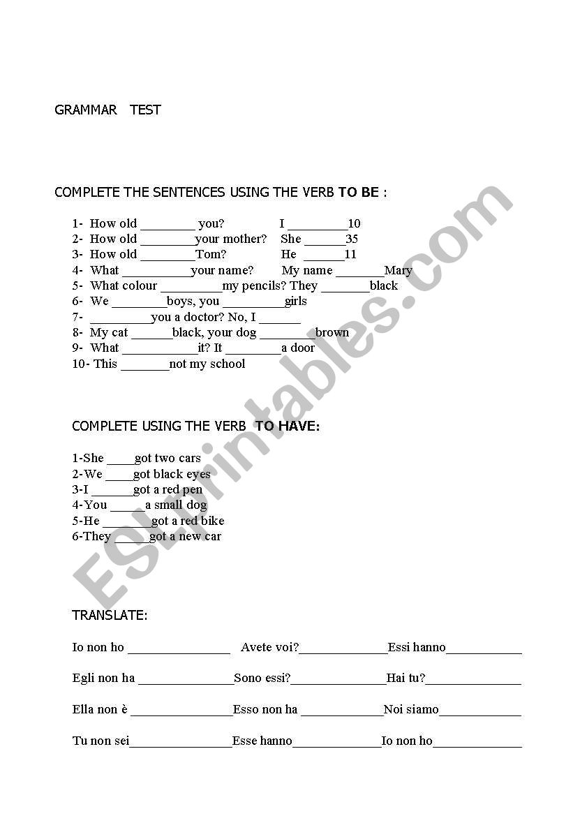 GRAMMAR TEST worksheet