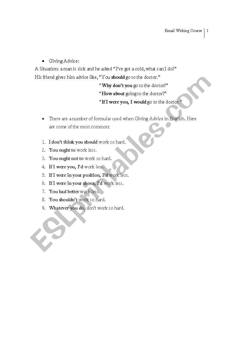 Email Writing- Giving advice worksheet
