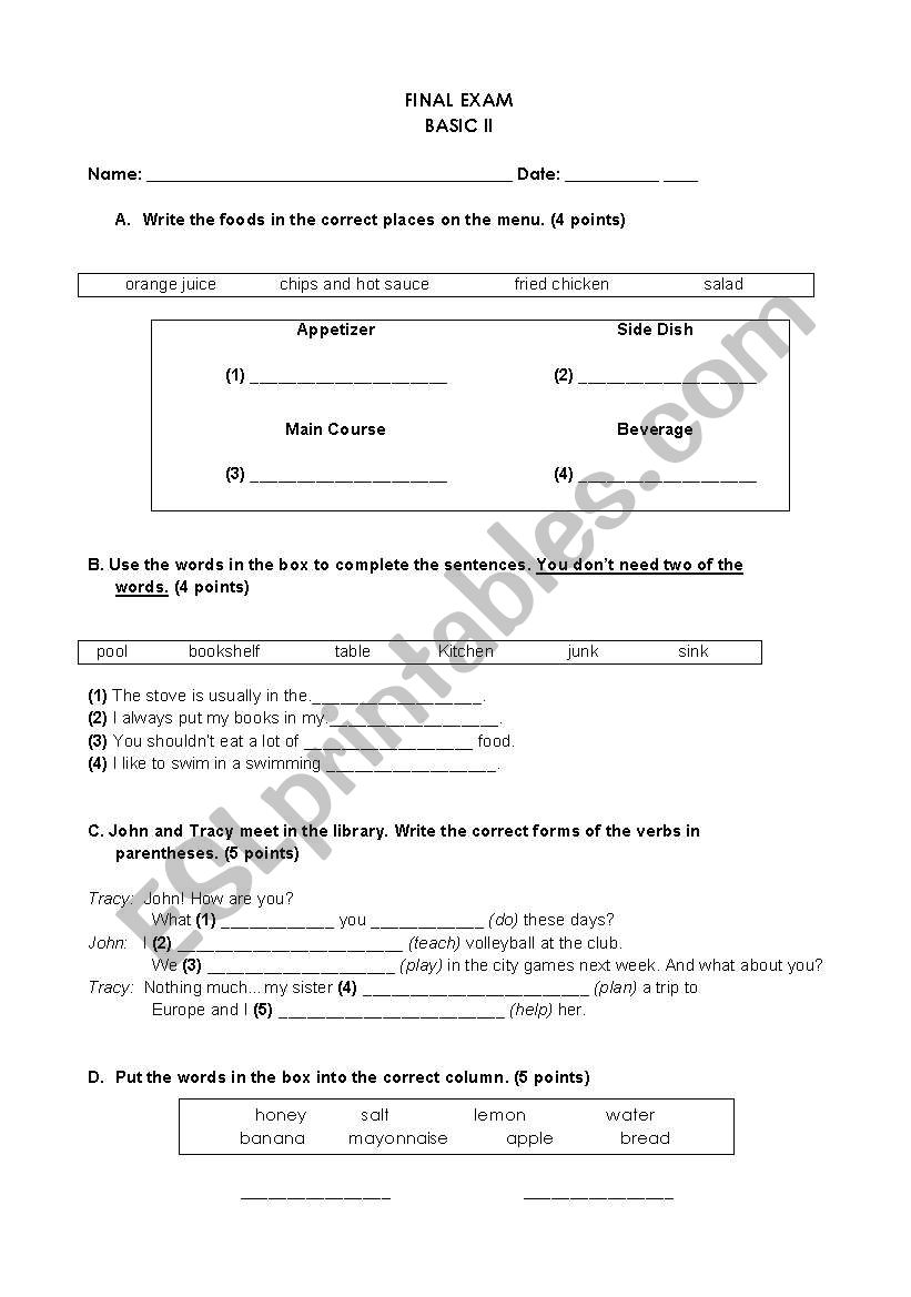 model of exam worksheet