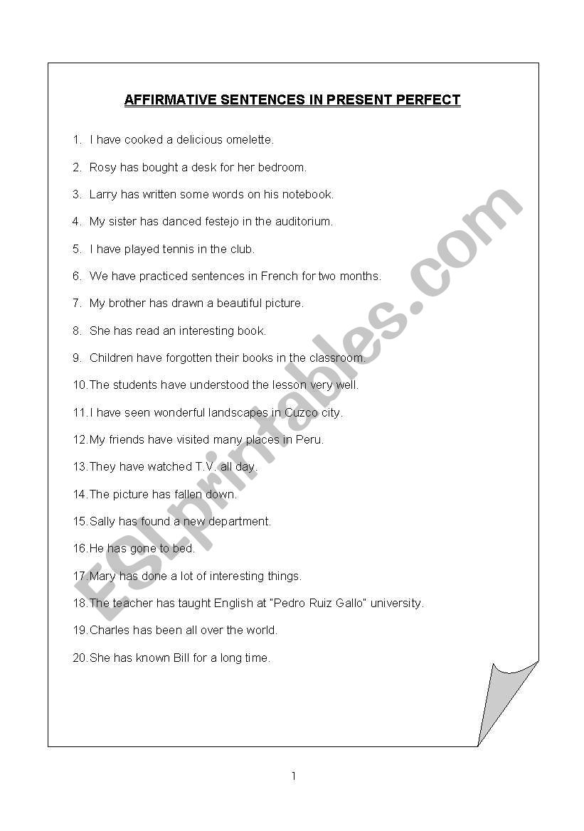 SENTENCES IN PRESENT PERFECT worksheet