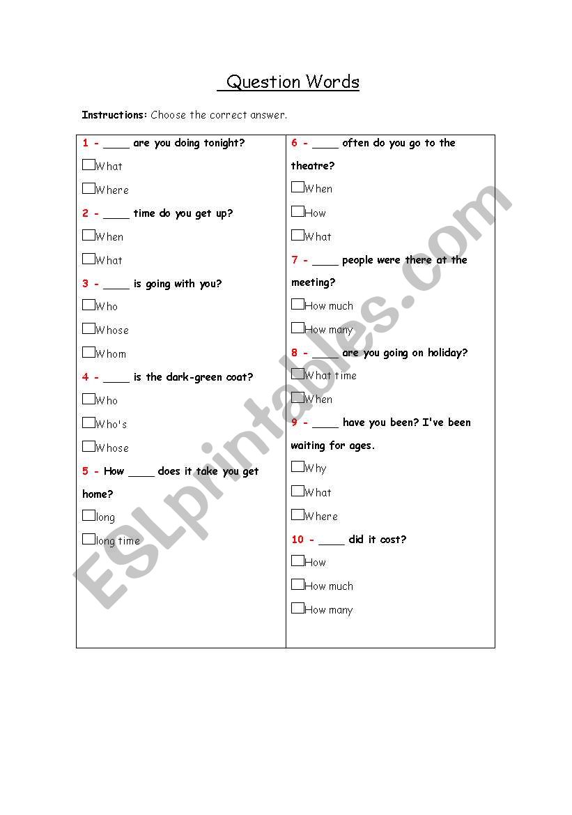 English Worksheets Question Words