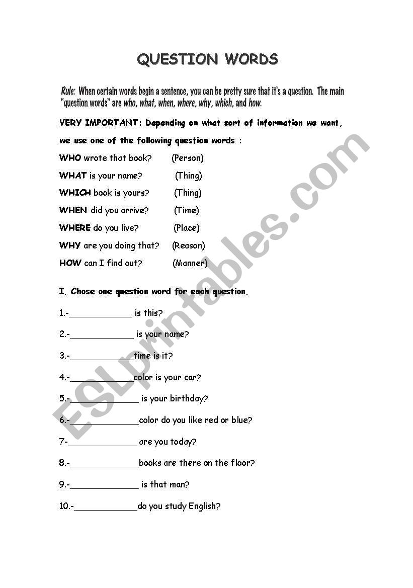 question words  worksheet