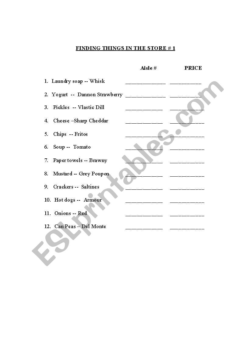 Store 2 worksheet