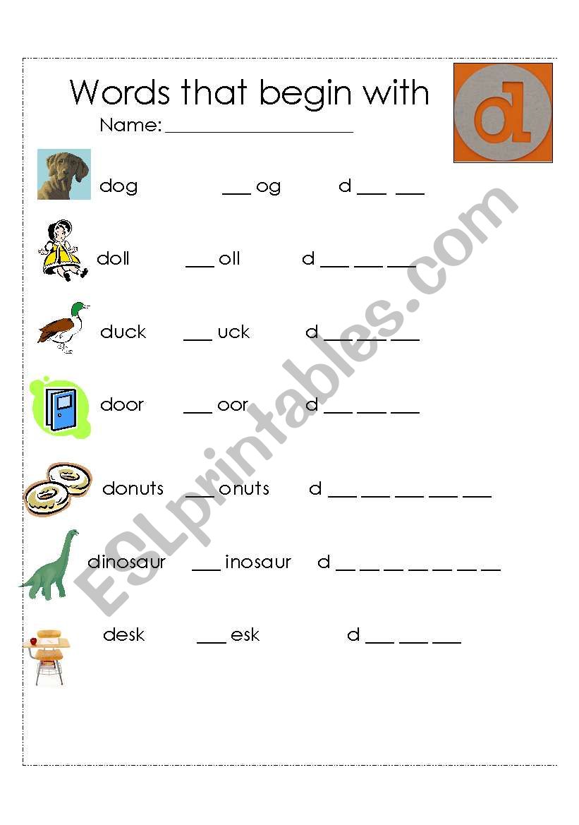 Words that  begin with D worksheet