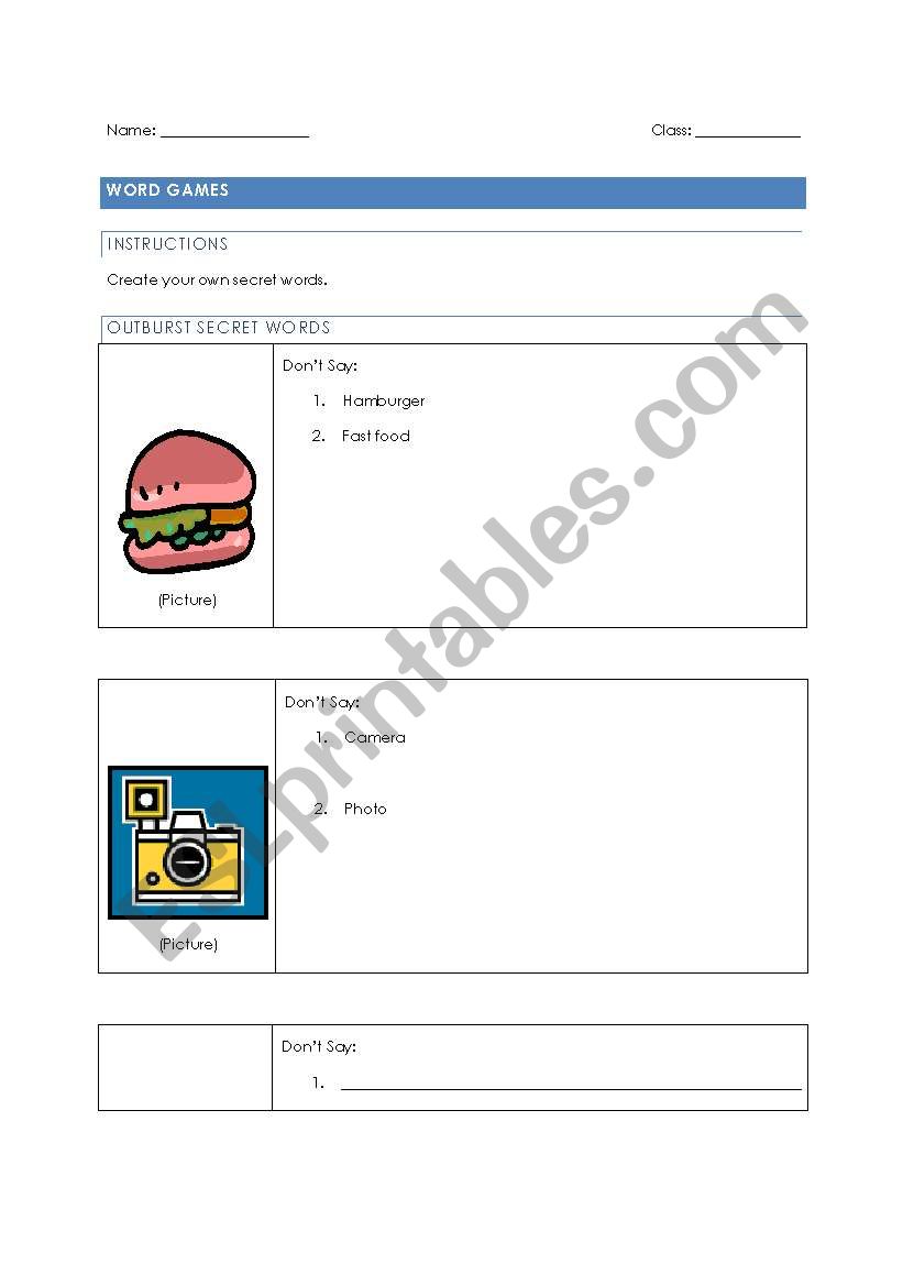 Outburst worksheet