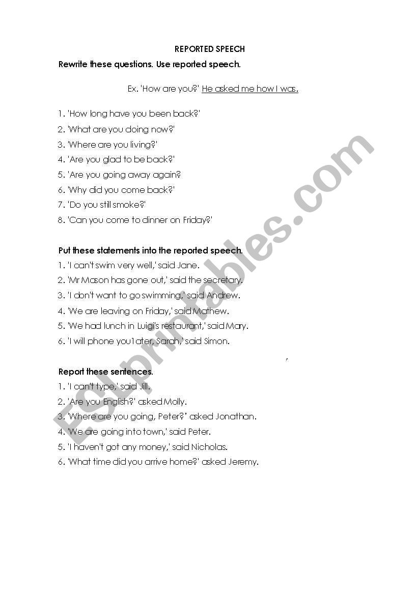 Reported Speech worksheet