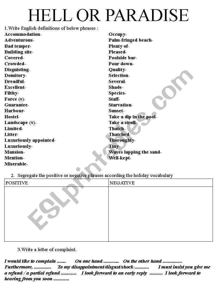 Hell or paradise holiday worksheet