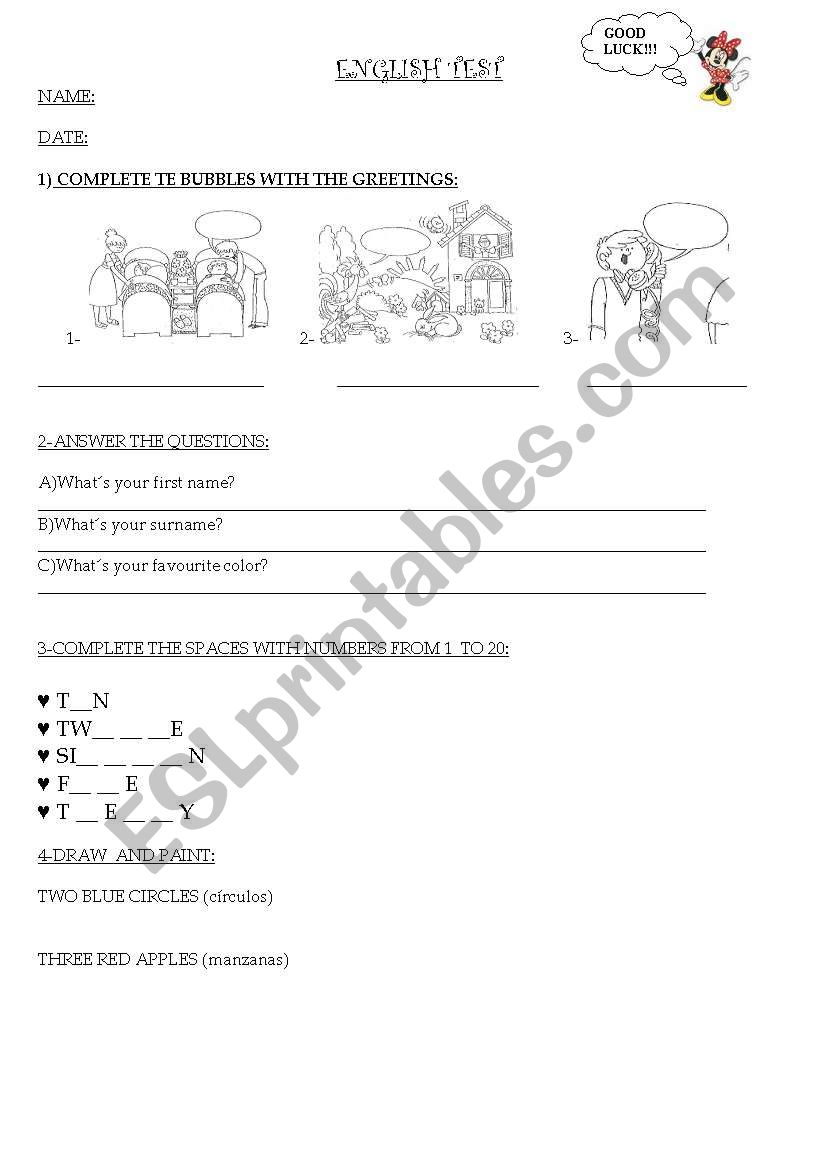 greetings,numbers and colors worksheet