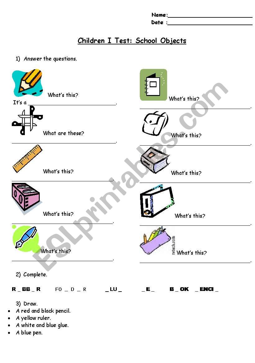 School Obkects Test worksheet