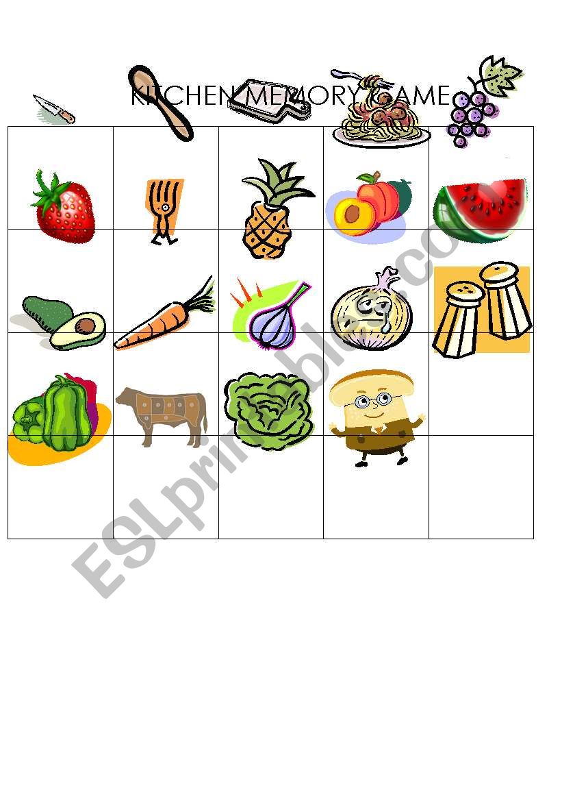 Kitchen memory game worksheet