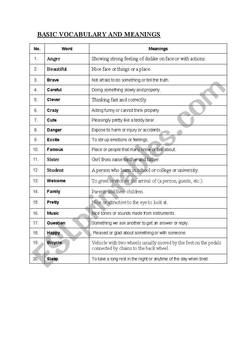 Basic Vocabulary and Meanings worksheet