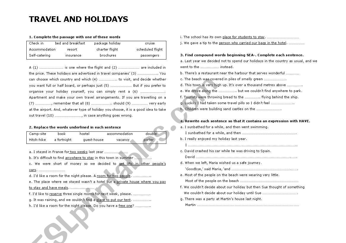 Travel and holidays worksheet