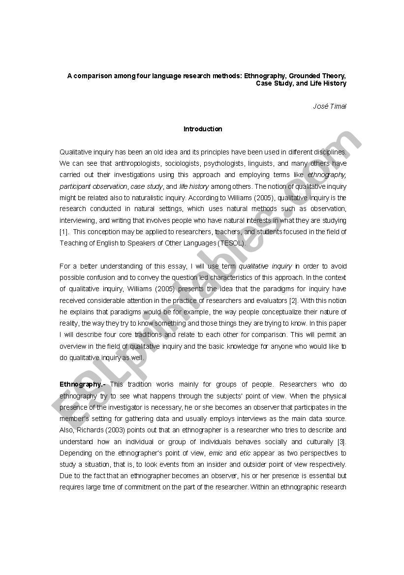 A comparison among four language research methods: Ethnography, Grounded Theory, Case Study, and Life History