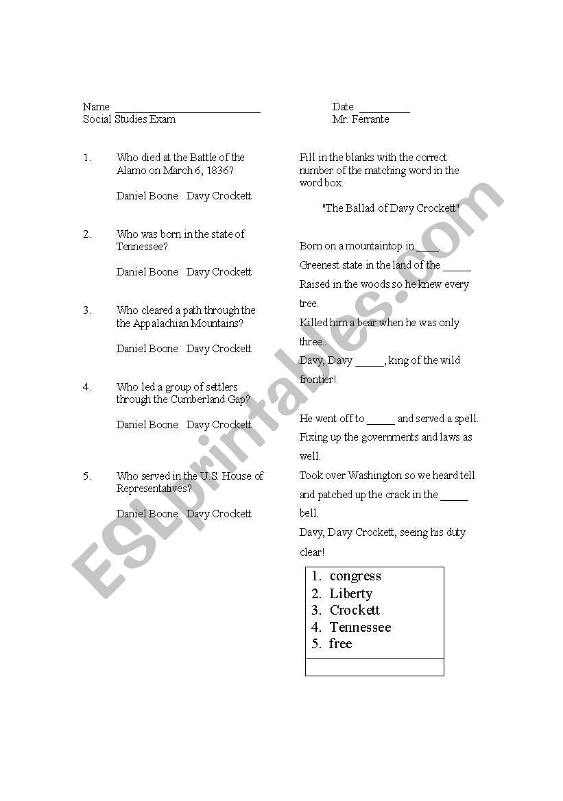 Crockett and Boone test worksheet