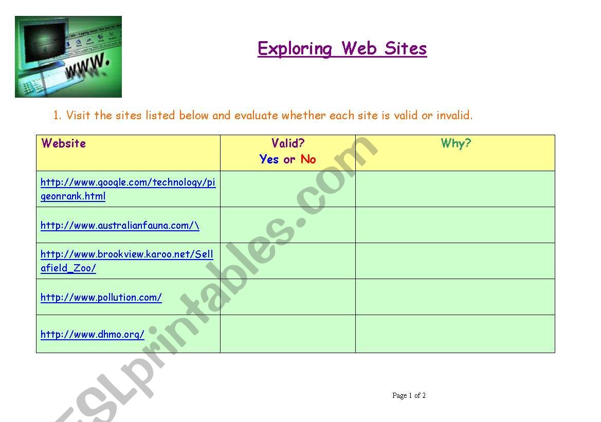 Exploring Effective Websites worksheet