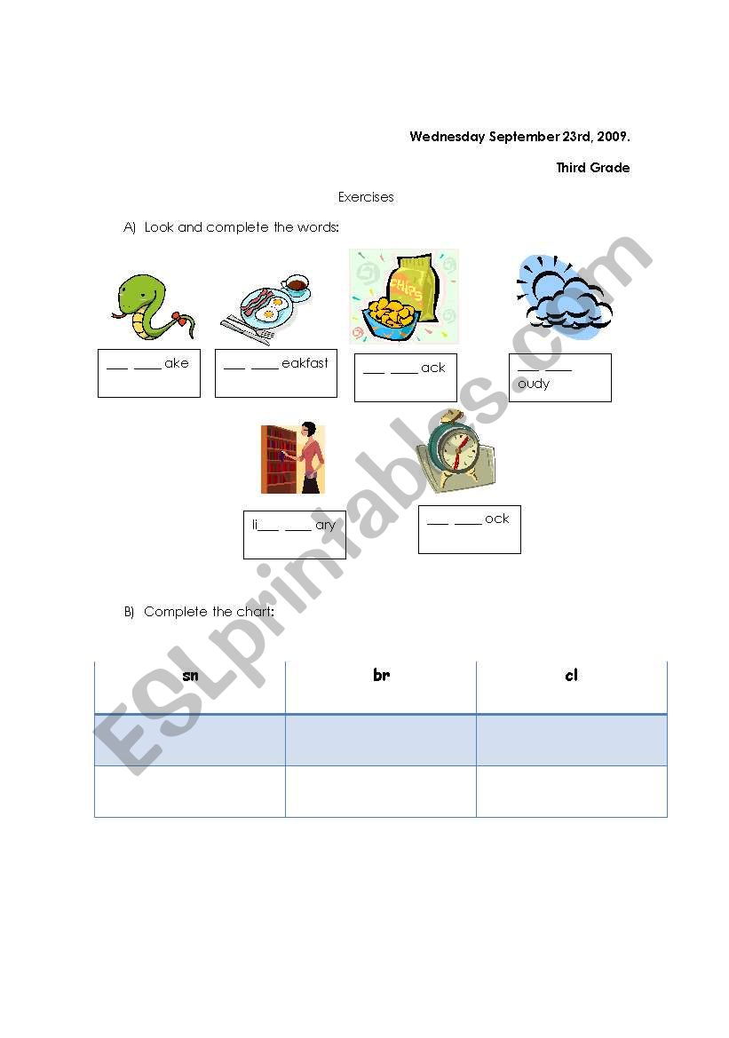 Sound br/sn/kl worksheet