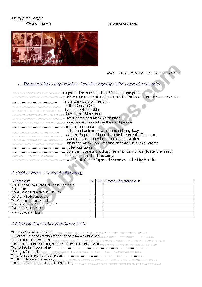 starwars evaluation worksheet