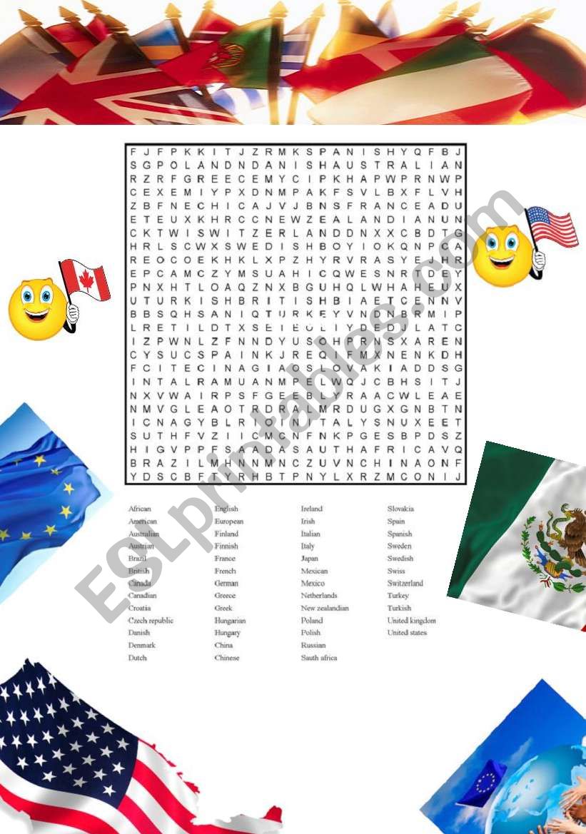 Word Search - Countries and Nationalities