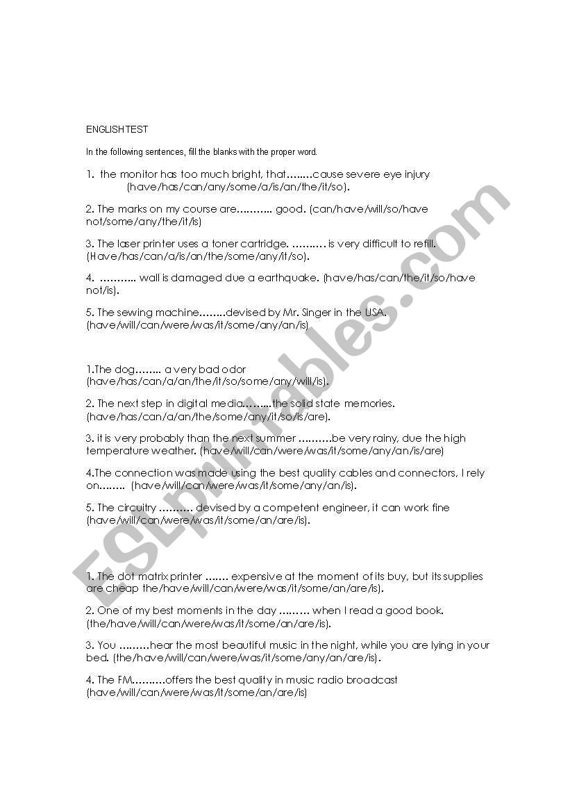 English Test worksheet