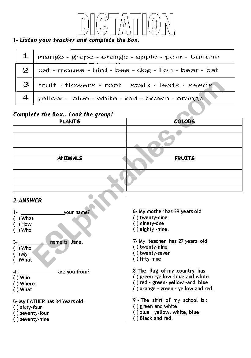 DICTATION worksheet