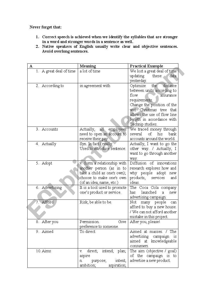 English terms and Expressions worksheet