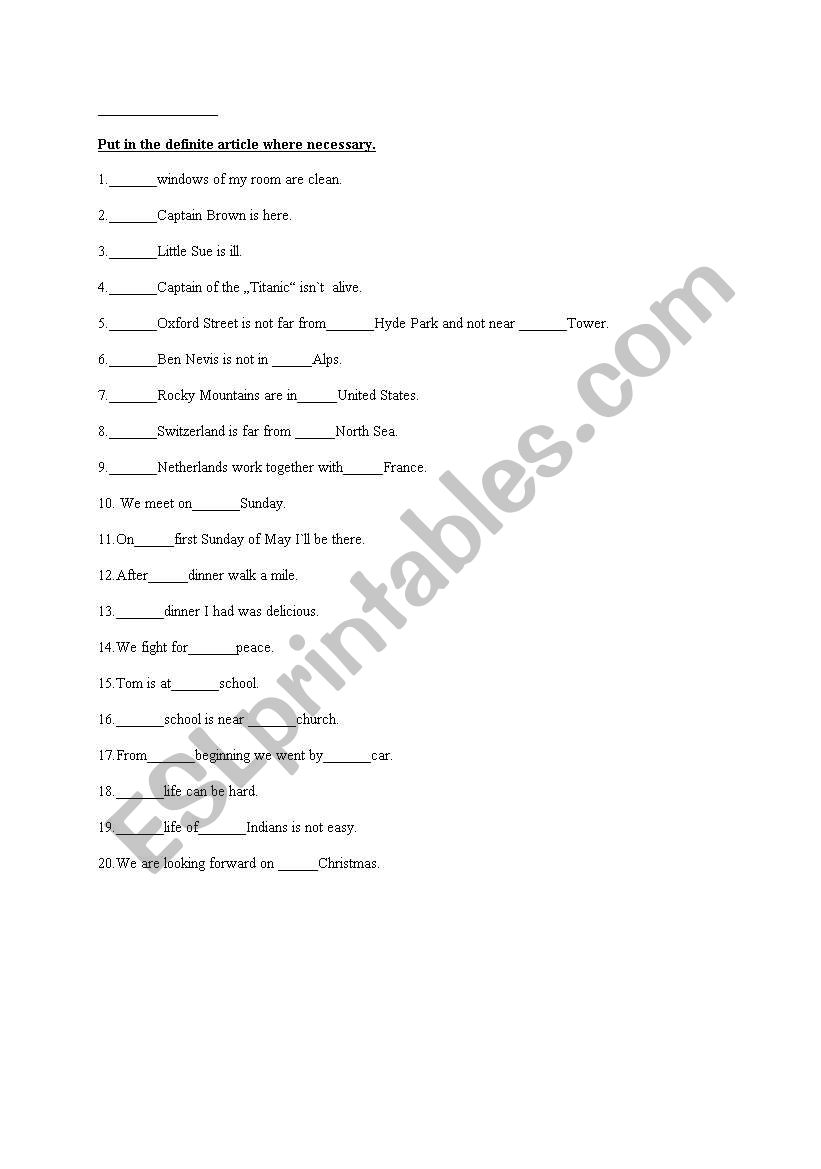 definite article  worksheet