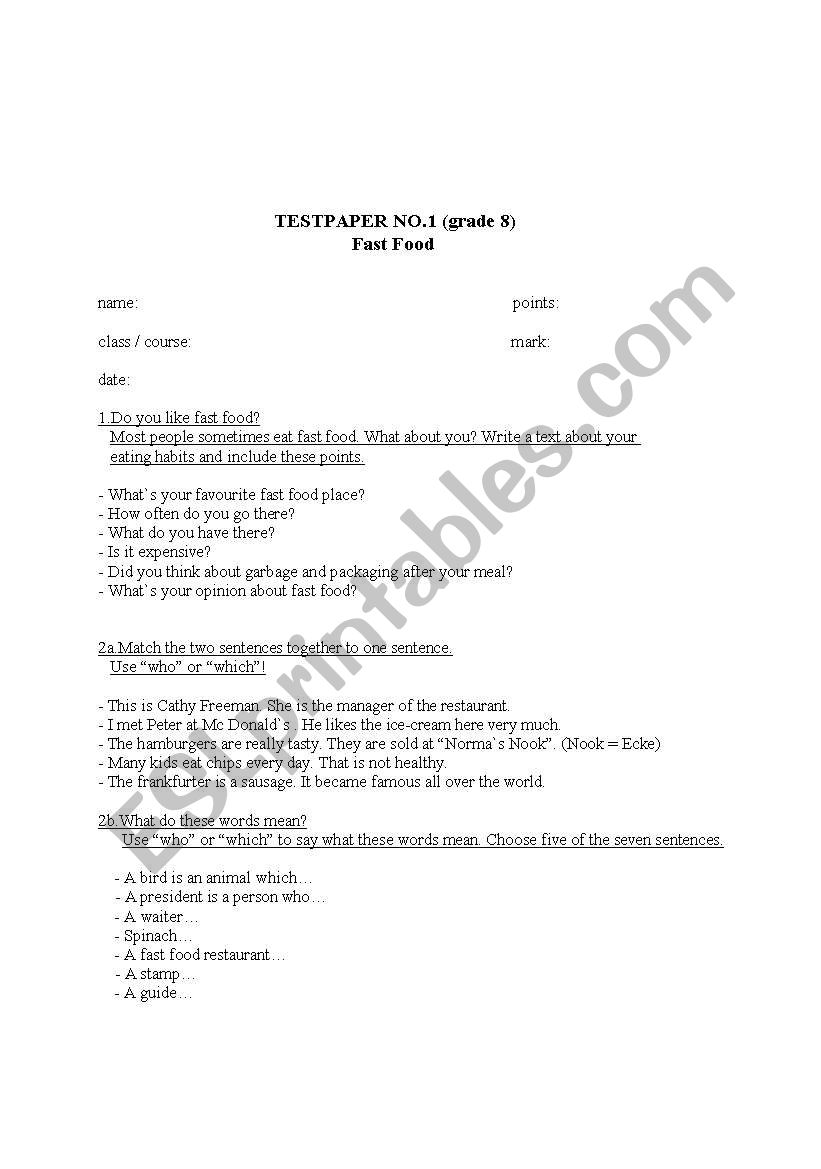 testpaper fast food worksheet