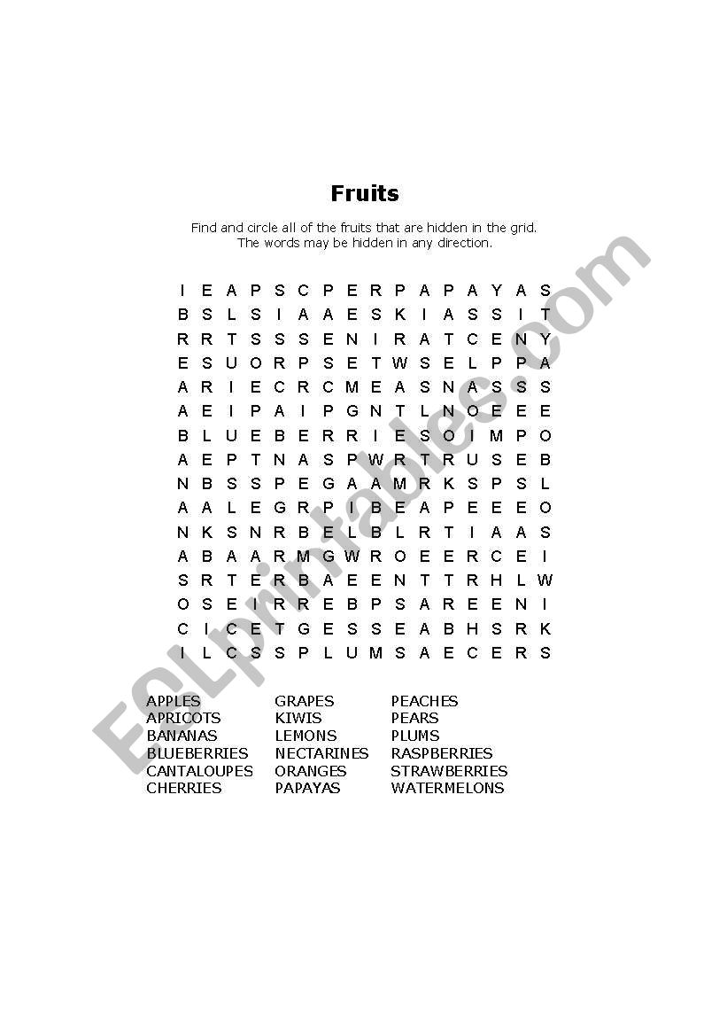 Fruits Wordsearch worksheet